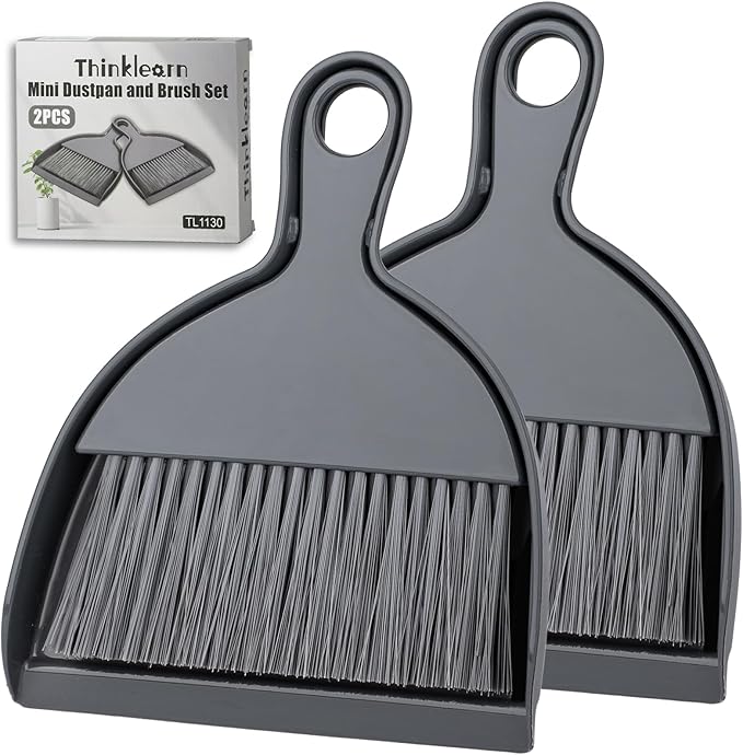 THINKLEARN 2PCS Small Dust Pan and Brush Set, Mini Broom and Dustpan Set, Compact and Hand Broom Combo Set for Cleaning, Dark Gray