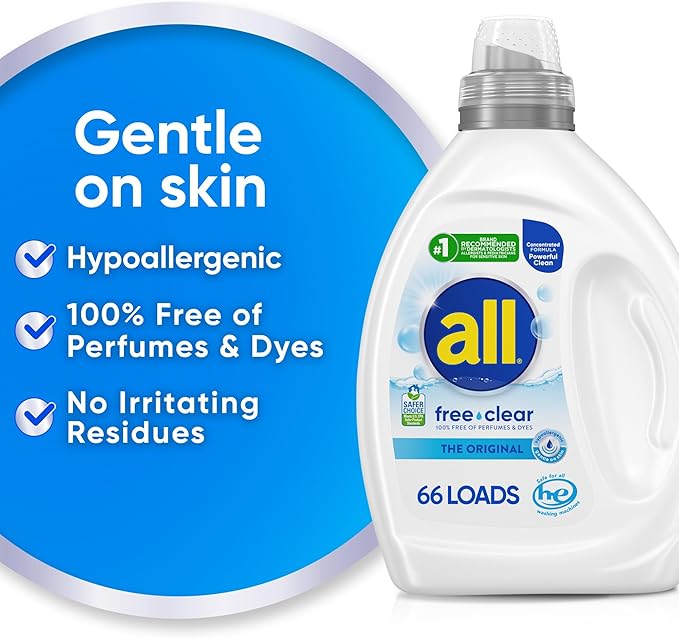 all free clear, Original, Liquid Laundry Detergent for Sensitive Skin, Unscented and Hypoallergenic, Concentrated, 50oz, 66 Loads