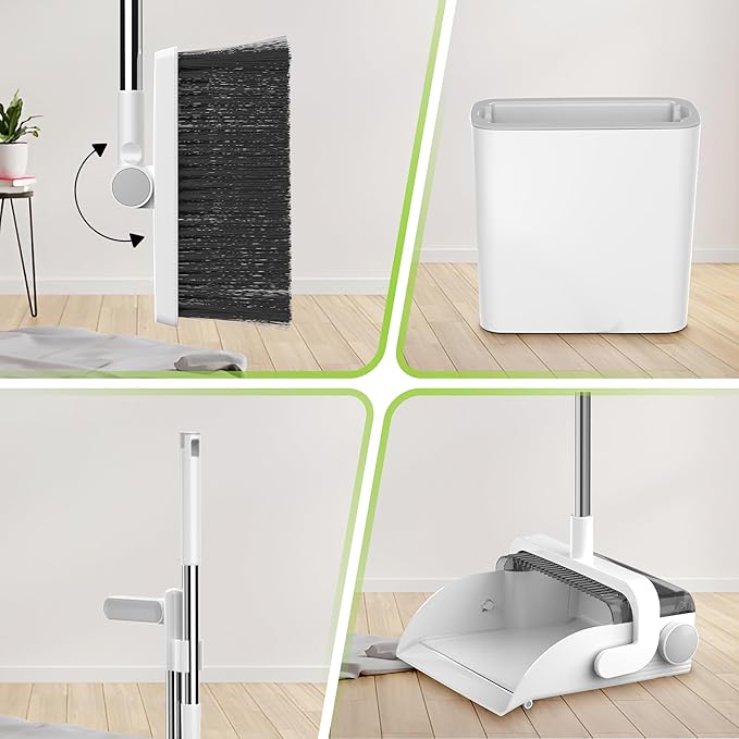 DustDockPro: Broom and Dustpan Set with Trashcan - Long Handle Upright Dust Pan with Teeth Comb, Angled Bristles for Pet Hair Removal, Compact Cleaning Kit for Kitchen Home Tiles Hard Floors