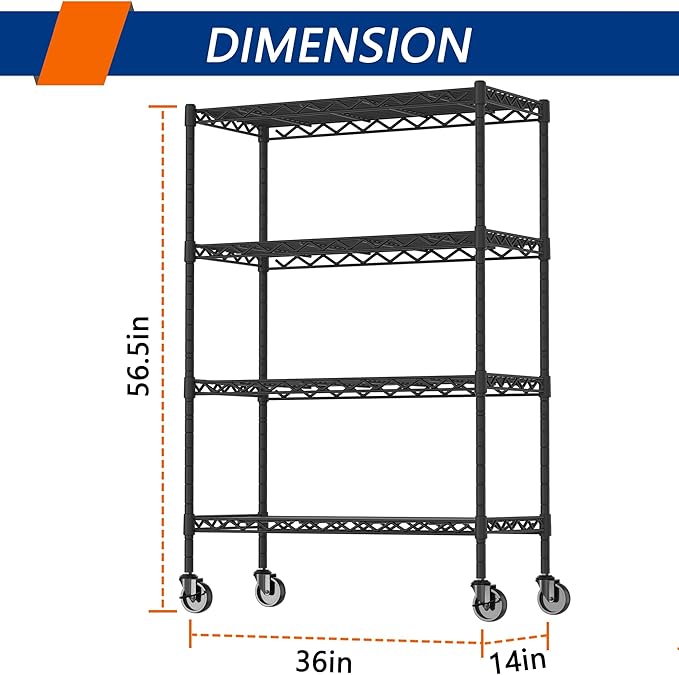 Soywey 4-Shelf Adjustable Heavy Duty Storage Shelving Unit on 4 Wheel Casters, Metal Organizer Wire Rack for Laundry Bathroom Kitchen Pantry Closet, Black