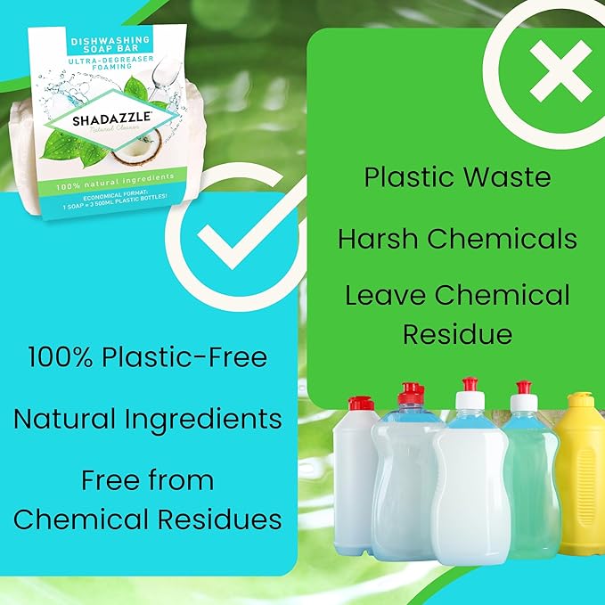 Shadazzle Solid Dish Soap – 3 Pack – Zero Waste Dishwashing Soap – Eco-Friendly & Ultra-Degreasing Foam for Squeaky Clean Dishes – Made with All-Natural Ingredients