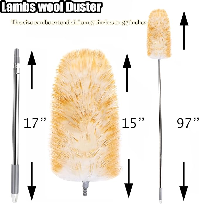 Feathers Duster 97" Long Telescoping Lambswool Duster with Bendable Wool Head - Ultra-Thick Stainless Steel Extension Pole for Cleaning