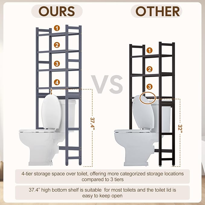 Cozivolife Over The Toilet Storage with 2 Baskets, 4-Tier Bamboo Organizer Rack with Paper Holder & 4 Hooks & Waterproof Feet Pad,Freestanding Shelf for Bathroom(Grey)