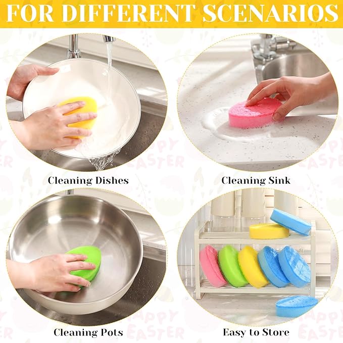 Tioncy 12 Pack Kitchen Sponges Bulk Dual Sided Scrubber Sponges Dishwashing Kitchen Cleaning Accessories for Household Supplies (Easter Eggs,Pink, Green, Blue, Yellow)
