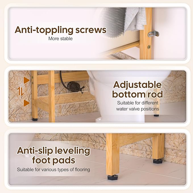 Cozivolife Over The Toilet Storage with 2 Baskets, 4-Tier Bamboo Organizer Rack with Paper Holder & 4 Hooks & Waterproof Feet Pad,Freestanding Shelf for Bathroom(Natural)