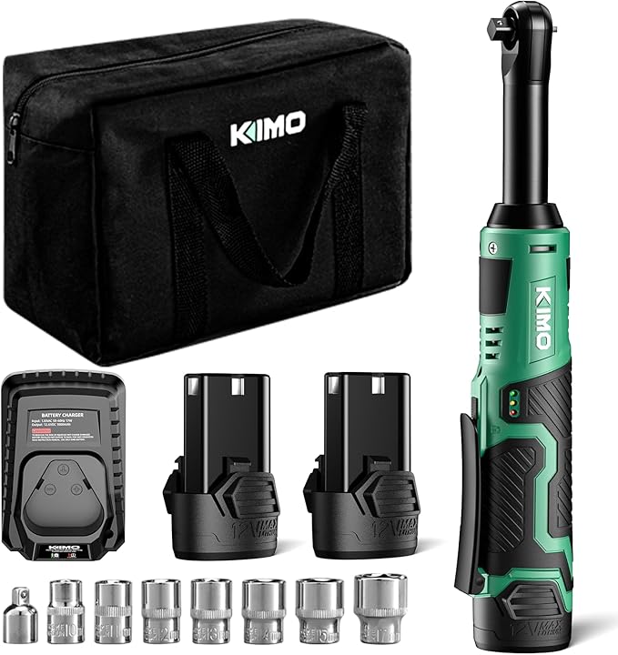 KIMO 3/8" Extended Electric Ratchet Wrench Set, 400RPM 40Ft-Lbs 12V Cordless Ratchet Wrench w/ 2x2.0 Ah Batteries, 1Hour Charger, 7Sockets & 1/4" Adapter, Power Ratchet with Variable Speed & LED Light