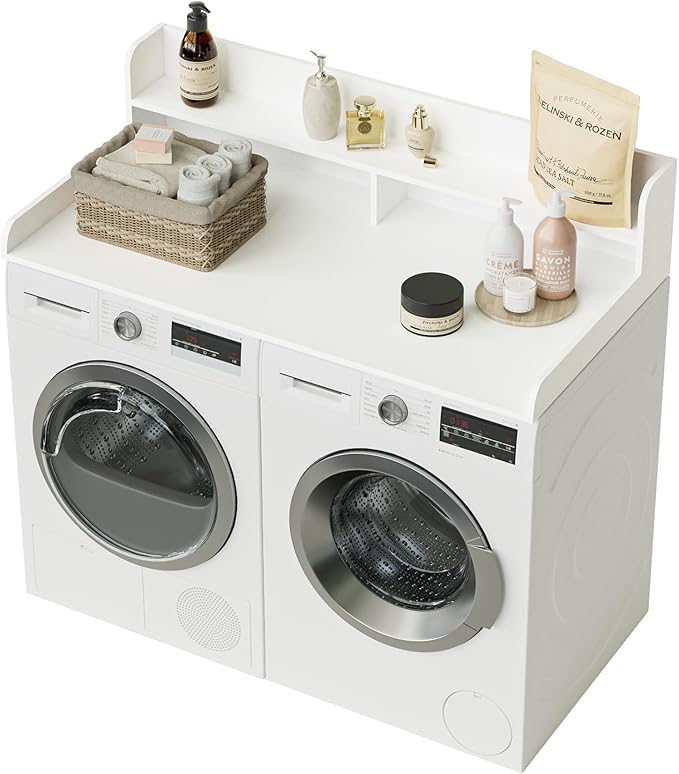 2-Tier Washer Dryer Countertop, Laundry Room Organization and Storage, 27.6" x 54" Wood Laundry Countertop for Washer and Dryer, White