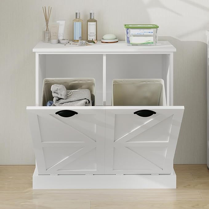 Two-Compartment Tilt-Out Laundry Sorter Cabinet with Removable Cloth Bags,Laundry Room Organization,UV Painting Cabinet for Laundry Room,Bathroom,Utility Room-White