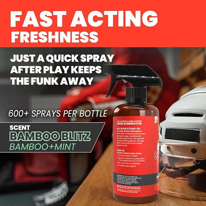 Uncle Todd’s Odor Stomp Sports Equipment Odor Eliminator Spray - Extra Strength Enzyme-Powered Deodorizer for Football, Hockey, Gym Bags, and Athletic Gear - Bamboo Blitz Scent - 16 oz