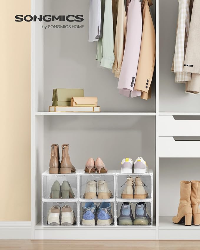 SONGMICS Shoe Boxes, Set of 6, Clear Plastic Shoe Storage, Stackable Sneaker Box, Drop Front Door, Up to US Size 11, Easy Assembly, 13 x 9.8 x 7.1 Inches, Transparent White ULSP032W06