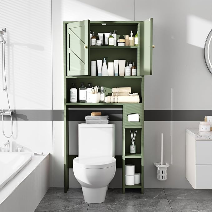 Meilocar 65.4" Over the Toilet Storage Cabinet, 29.1" Wide Bathroom Organizer with Toilet Paper Holder & Adjustable Shelf, Freestanding Space Saving Cabinet for Apartment, Laundry, Green
