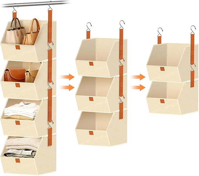 MSJGA 4-Tier Hanging Closet Organizer and Storage with Detachable Bins, Fabric Hanging Shelves for Closet, Dorm, Rv, Space-Saving Collapsible Basket for Handbags, Clothes (47” H)