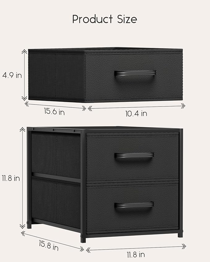 Homsorout Stackable Storage Drawers - 2 Tier Closet Drawers, Closet Organizer with Metal Handles, Night Stand with Collapsible Bins, Fabric Dresser for Bedroom, Dorm, Office, Black, 2 Pack