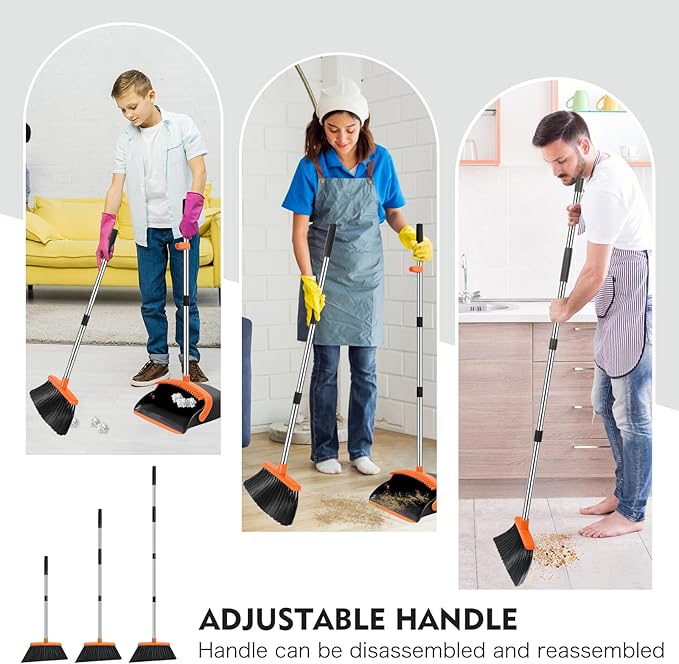 Broom and Dustpan Set, 55-in Long Adjustable Handle Broom with Dustpan Combo Set with Dustpans Teeth to Automatically Clean Hair Suitable for Home Kitchen Office Hall Lobby, Large(Black&Orange)