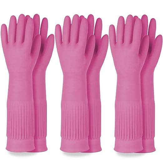 Mamison 2 Pairs Reusable Waterproof Household Dishwashing Cleaning Rubber Gloves, Non-Slip Kitchen Glove (Pink, XXL (Pack of 3))