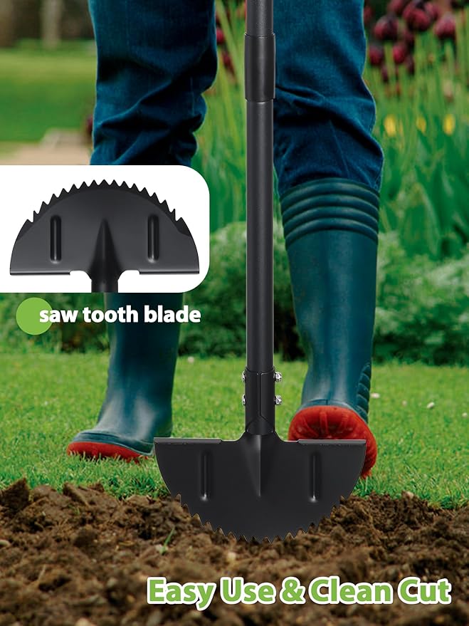 Garden Edger Lawn Tool, Half Moon Edging Shovel for Landscaping Yard, Manual Grass Edger with 34"-42" Adjustable Long Handle, Sharp Saw Tooth Blade, T Grip, Stand Up Garden Tools for Sidewalk, Borders