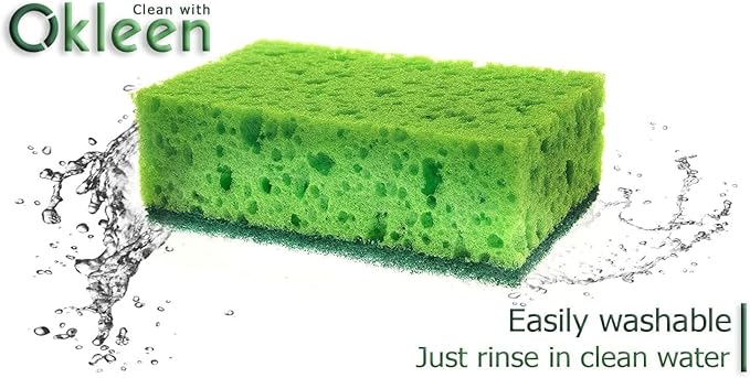 Green Multi Use Scrub Sponge. Made in Europe. 18 Pk, 4.3x2.8x1.4 inches. Odorless Heavy Duty and Non Scratch Fiber. Thick, Durable and Delicate Scrubber for Pans, Bowls, Jars, Sink, Floor