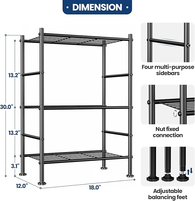 Abiglifty Storage Shelves, 3-Tier Metal Shelving, Wire Shelving with Adjustable Leveling Feet, Shelf Organizer for Bathroom, Closet, Garage