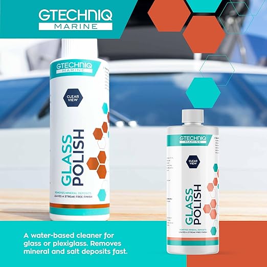 Gtechniq Marine Glass Polish for Boats, 8.5 fl oz | Fast-Acting Hydrophobic Formula Removes Minerals, Salt Deposits, Water Spots and Dirt from Glass and Plexiglass, Smear and Scratch-Free Finish
