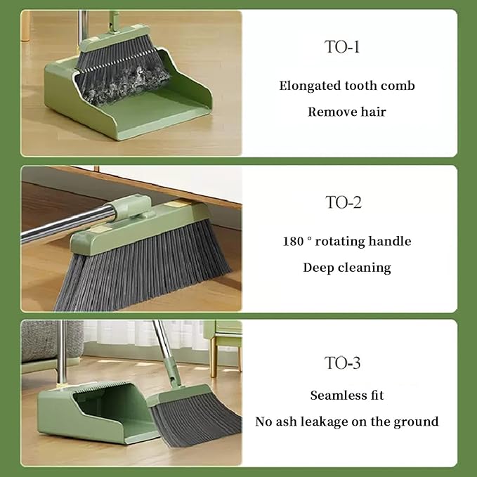 Broom and Dustpan Set, Broom with Dustpan Combo Set Hand Brooms for Home & Kitchen with Elongated Tooth Comb, Long Handle Upright Stand Up Outdoor Brooms, Household Cleaning Supplies Home Essentials