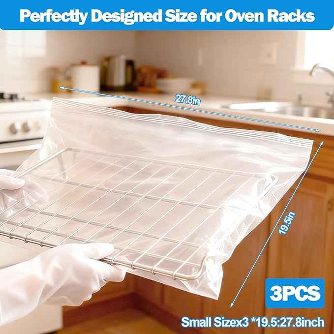 XANGNIER 3 Pack No Scrub Oven Rack Cleaning Bags with Side Zipper Opening,27.8 * 19.5 in,No Cleaner Included, Reusable Leakproof Soaking Cleaner Bags for Removable Metal Rack,BBQ Grills,Grill Grate
