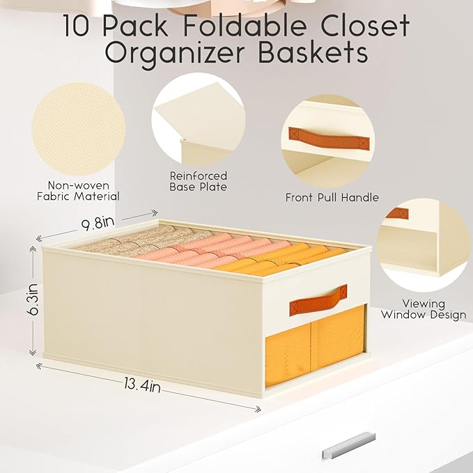 Homsorout Drawer Organizers and Storage - 10 Pack Foldable Pants Organizer with Clear Window & Handles, Fabric Closet Organizer for Clothes, Jeans, Sweaters, Towels, T-shirt, Scarf (Beige)