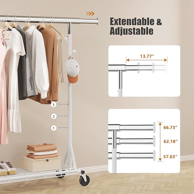 Gewudraw Heavy Duty Clothes Rack, 530 lbs Load Capacity Metal Garment Rack on Wheels - Collapsible Adjustable Portable Storage with Hooks, White