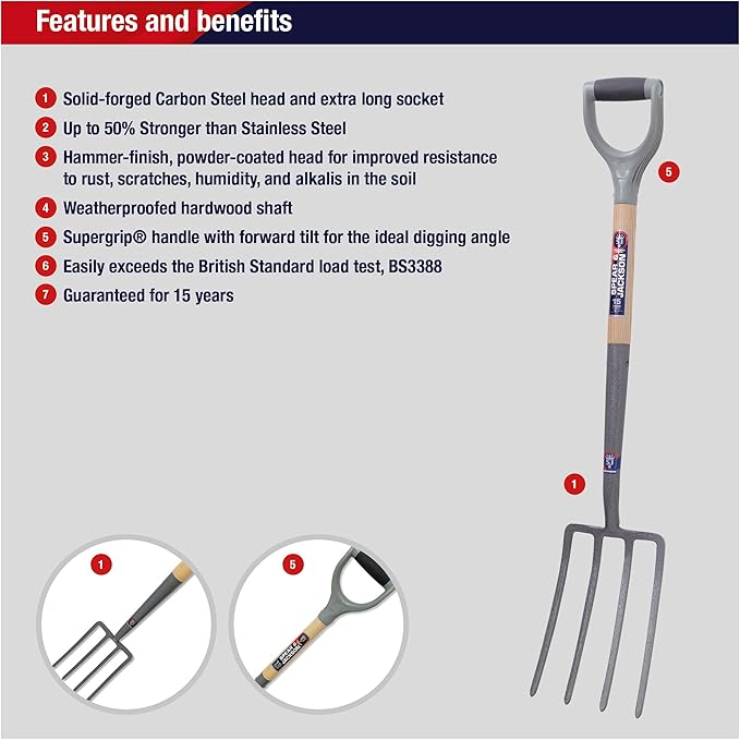 Spear & Jackson Neverbend Carbon Digging Fork – Durable Carbon Steel Garden Fork for Heavy-Duty Digging and Cultivation