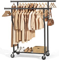 Clothes Rack, Double Rods Rolling Clothing Rack for Hanging Clothes Load 260 LBS Closet Rack with Wheels, Metal Portable Garment Rack for Bedroom Laundry Living Room, Black