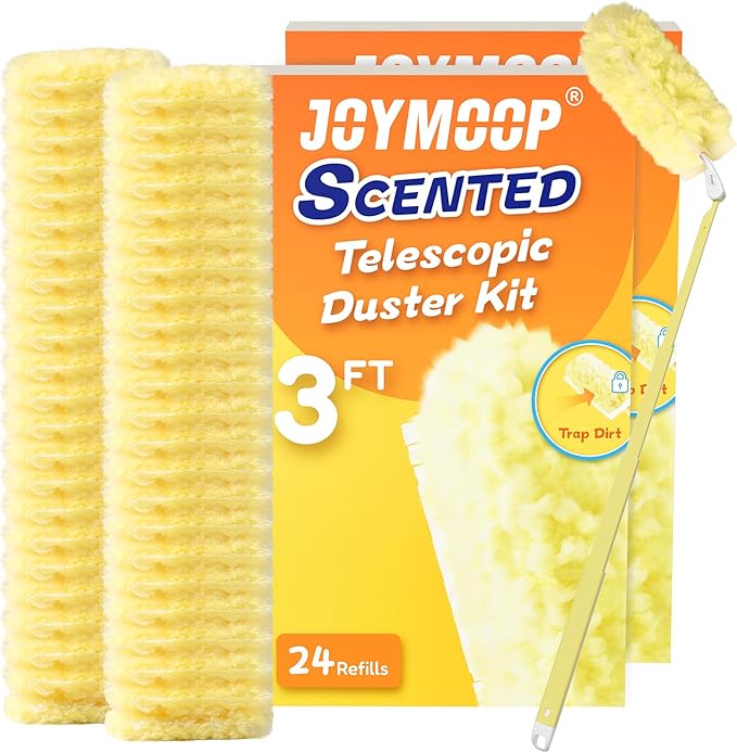 JOYMOOP Scented Telescopic Duster kit, 3FT Extendable Handle (Yellow) + 48 Yellow Refills for Swiffer Feather Duster,Easy Cleaning for Ceilings, Ceiling Fans, Blinds, Vents & Shelves