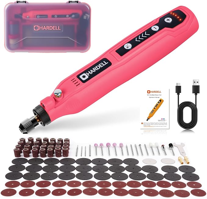 HARDELL Mini Cordless Rotary Tool, 5-Speed 3.7V Rechargeable Rotary Tool Kit with 129Accessories, USB Charging Multi-Purpose DIY Tool for Sanding, Polishing, Drilling, Engraving, Woodworking(Pink 129)