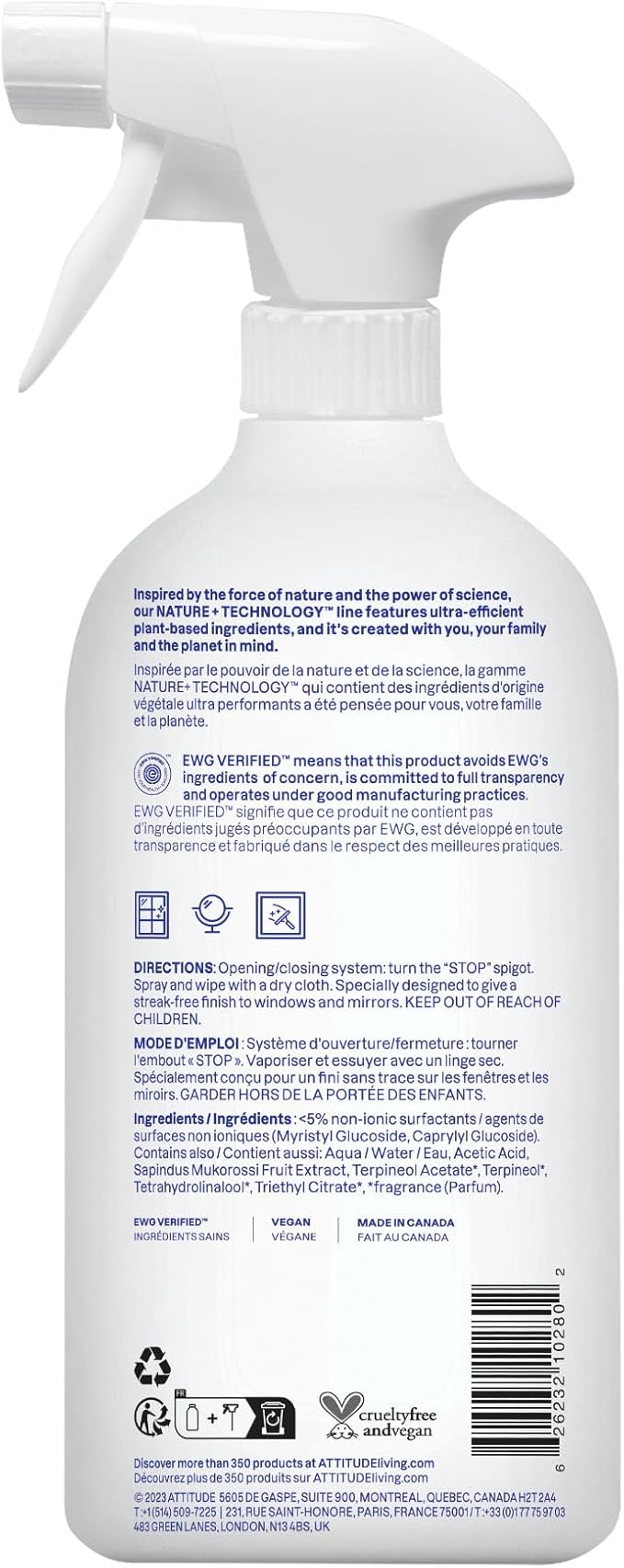 ATTITUDE Window and Mirror Cleaner, EWG Verified, Plant- and Mineral-Based Ingredients, Vegan and Cruelty-free Household Products, Citrus Zest, 27.1 Fl Oz