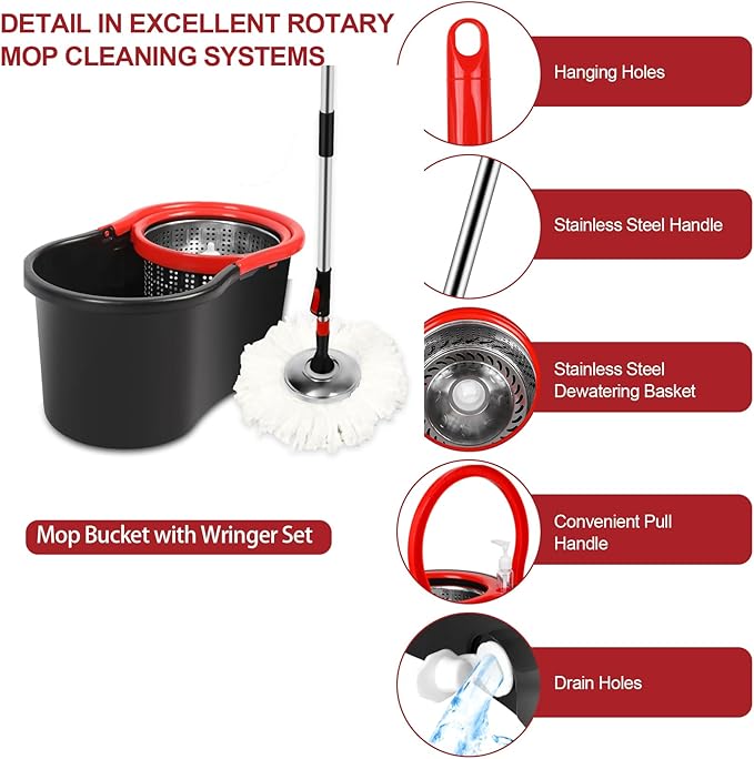 Spin Mop and Bucket with Wringer Set, 3 Washable Microfiber Pads Included for Floor Cleaning, Adjustable Stainless Steel Handle (XS-Black)
