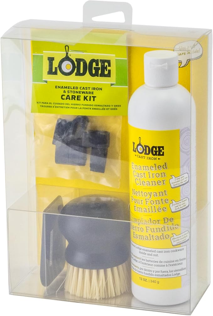 Lodge Enameled Cast Iron & Ceramic Stoneware Cleaner Care Kit - Set Includes 11oz Cleaner, Black Pan Scraper, Scrub Brush, Package of Pot Protectors, and Use & Care Booklet - 5 Piece Set