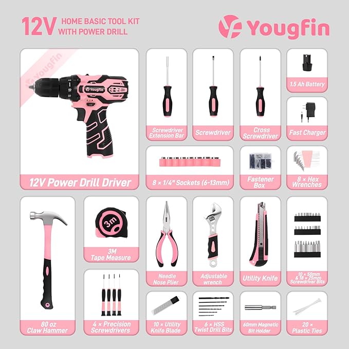 YOUGFIN Pink Drill Set, 195 Pieces Tool Set with 12V Cordles Drill, Home Tool Kits for Men & Women, Household Hand Tool Box, Perfect for DIY Office Repairing & Improvement