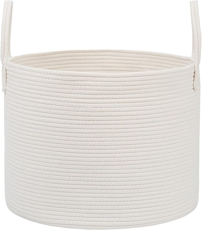JMvicyroam 65L Extra Large Blanket Basket for Living Room - Woven Cotton Rope Laundry Hamper with Reinforced Handles - Storage Bin for Pillows, Comforters & Toys - Machine Washable,White