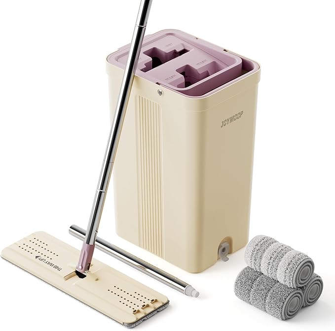 JOYMOOP Mop and Bucket Set (Beige & Blush Brown) with Extension Handle, Ideal for Floor, Window, and Wall Cleaning - Includes 3 Washable Microfiber Pads for Wet and Dry Use