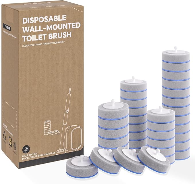 LFBEAR Disposable Toilet Brush Wand, Wall Mounted Toilet Cleaner Kit with Holder, 36 Refills Replacement Heads for Bathroom Cleaning（Only 36 Refills）