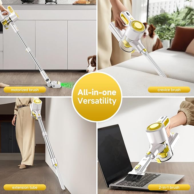 Honki Cordless Vacuum Cleaner for Home, Powerful Stick Vacuum with Rechargeable Battery, Green Light Anti-Tangle Brush, 6-in-1 Lightweight Handheld Vacuum for Pet Hair, Hard Floor, Carpet, Yellow
