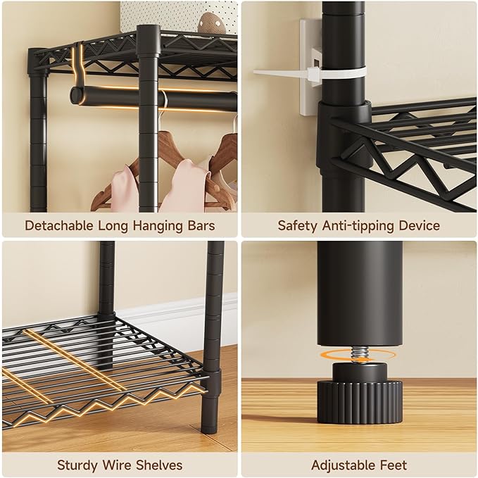 ONBRILL F5 Extra Large Industrial Pipe Clothing Rack, Freestanding Portable Closet Organizer System with Shelves & Hanging Rods, 88.6'' Wide Heavt Duty Clothes Rack, Max Load 1300lbs, Black