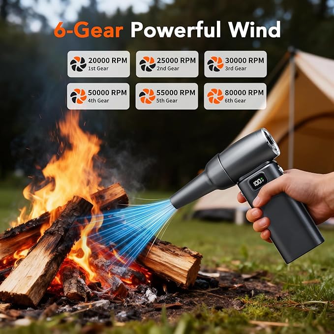 Compressed Air Duster, Electric Air Duster with 6-Gear Adjustable Speed & 6000mAh Battery, LED Light for Effortless Cleaning of Computer, Keyboard, Camera, Car, Home Office (Up to 80,000 RPM)