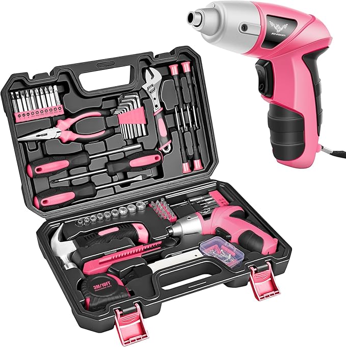 Pink 151PCS Tool Kit with 3.6V USB Electric Screwdriver, Cordless Drill Set, Home Tool Set for Women