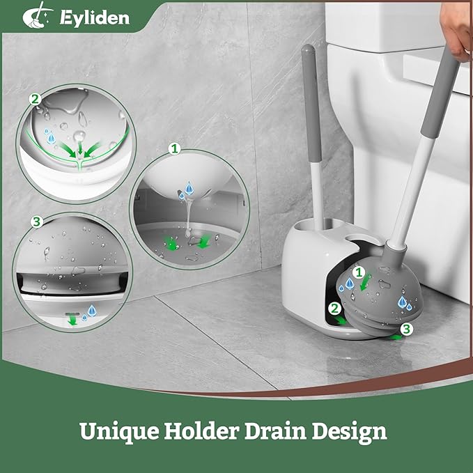 Eyliden Toilet Plunger & Brush Set, Upgrade 3-Step Suction Cup - Ultra-Tight Seal, Durable, Space-Saving Toilet Deep Cleaning Combo with Holder, Bathroom Essentials, White & Grey, Nylon Bristles