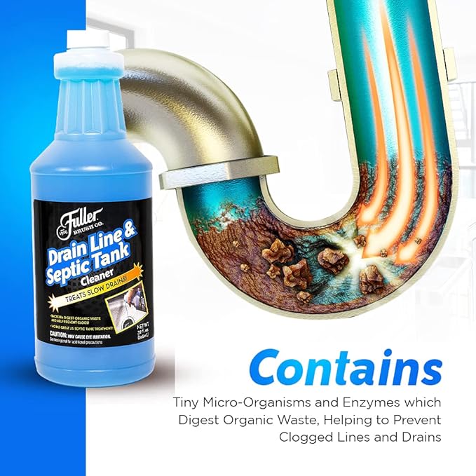 Fuller Brush Drain Line & Septic Tank Cleaner – 32 oz Enzyme-Based Drain Cleaner for Slow Drains, Grease & Food Buildup, Safe for PVC/Metal Pipes & Septic Systems (Pack of 1)