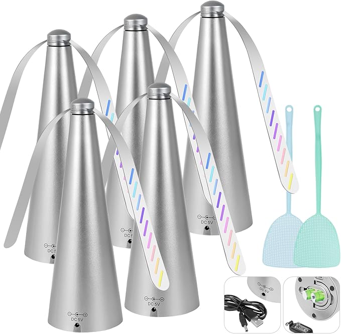 VAIPI 5 Pack Fly Fans for Tables, Outdoor Indoor Portable USB Fly Fan with 2 Fly Swatter, USB & Battery Operated Table Top Food Fan Picnic Fly Spinner for Restaurant, Patio, Kitchen, Party, BBQ