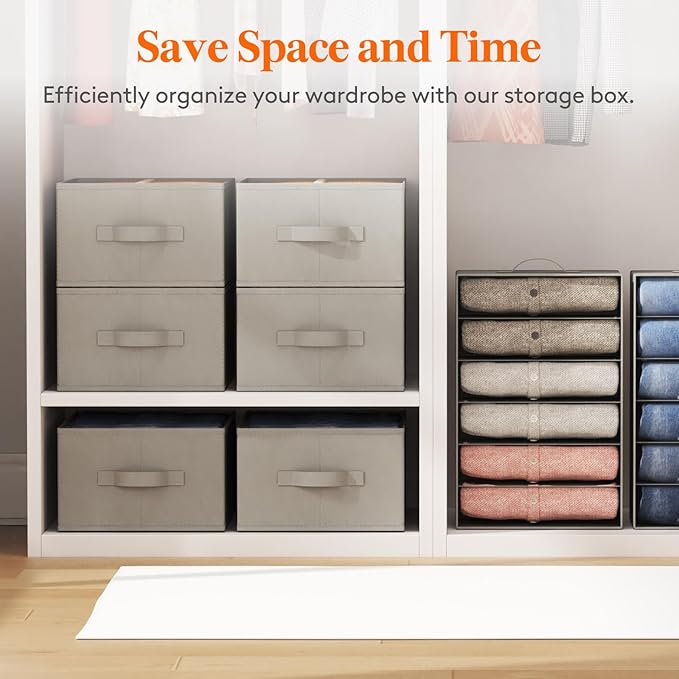 Lifewit 3 Pack Clothes Organizer, 6 Grids Closet Jean Storage Bins with Handles and Support Boards, Foldable Drawer Organizer for Sweater, Pants, T-shirt, Dress, Grey, 42 x 27 x 17 cm/16x10x7''