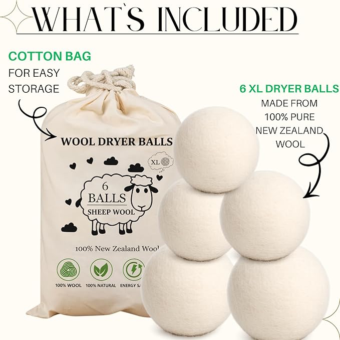 Wool Dryer Balls – 100% New Zealand Wool, Reduces Drying Time, Softens Laundry&Removes Wrinkles, Alternative to Plastic Balls & Natural Fabric Softener, Reusable Eco-Friendly Dryer Balls(Pack of 6 XL)