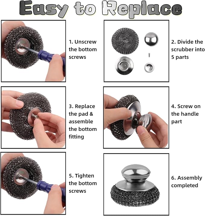 6 Pcs Steel Wool Scrubber, Stainless Steel Scrubber Pads for Cleaning Dishes, Cast Iron, Grill, Stove, Oven, Sink, Stubborn Messes (2 Scrubber with Handled + 4 Pads)