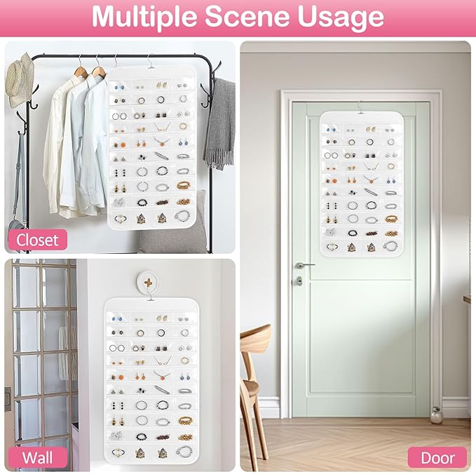 3 Pack Hanging Jewelry Organizer, 80 Clear Pockets earring organizer and storage, Accessories holder organizer for Closet, Jewelries, Necklace, Travel