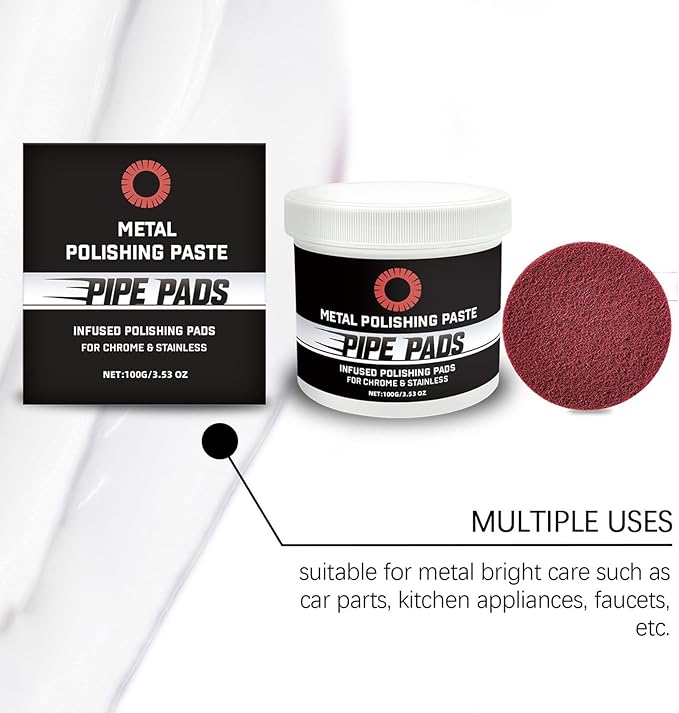 Metal Polishing Paste,100g Rust Buffing Cream With Pipe-Infused Pads,Cars Paste Protectant Scratch Remover Metal Care Kit,Rust Remover Cleaner for Oxidation,Tarnish,Discoloration From Chrome